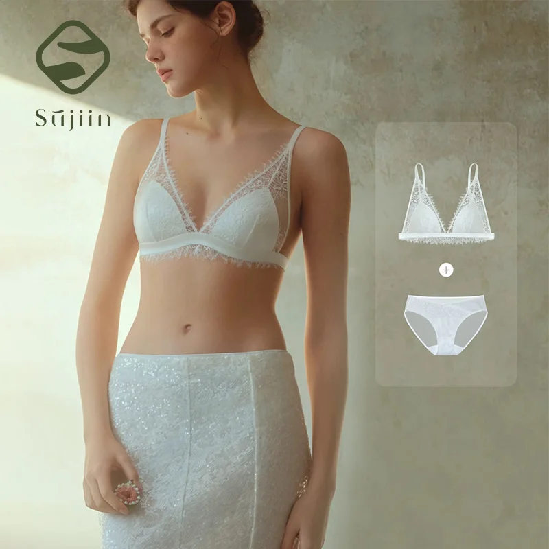 SUJIIN Mulberry Silk Summer Sexy Lace Bras and Underwear Sets for Women Wireless Plunge Bra Ultra-thin Lingeries Lady MX328+N203