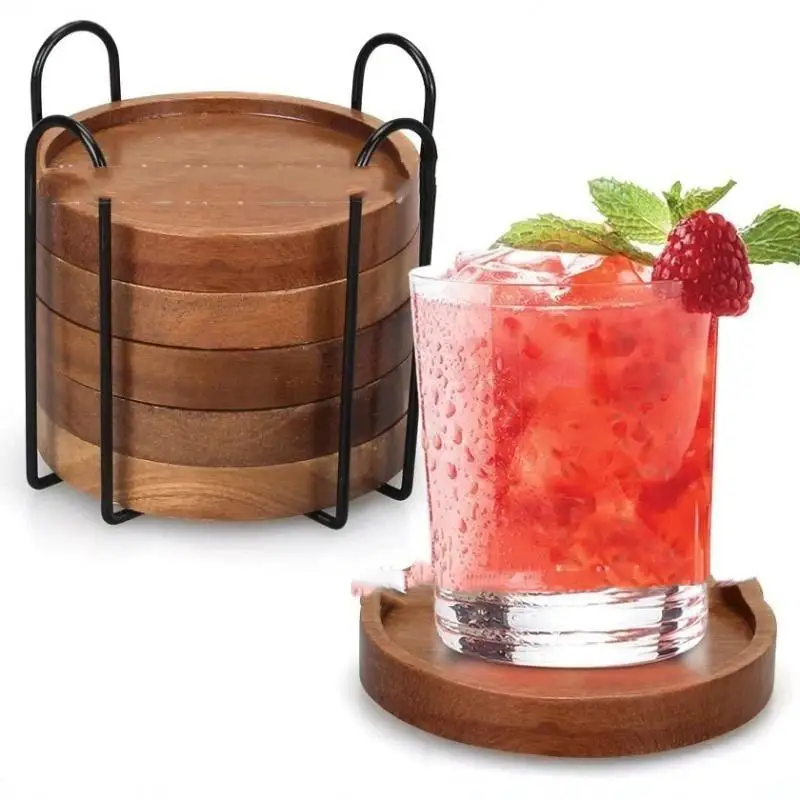 1/4/6 PCS Round Natural Wood Coasters With Groove Design Water Resistant Surface For Home Coffee Table Drinks Small Pots