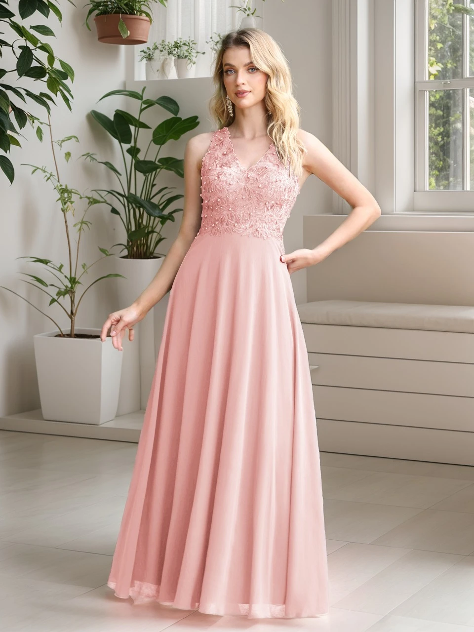 

BABYONLINE Pink Bridesmaid Dresses Pearls Lace Appliques Halter V-Neck Sheer Back Evening Dress A-Line Long Froaml Party Vestido