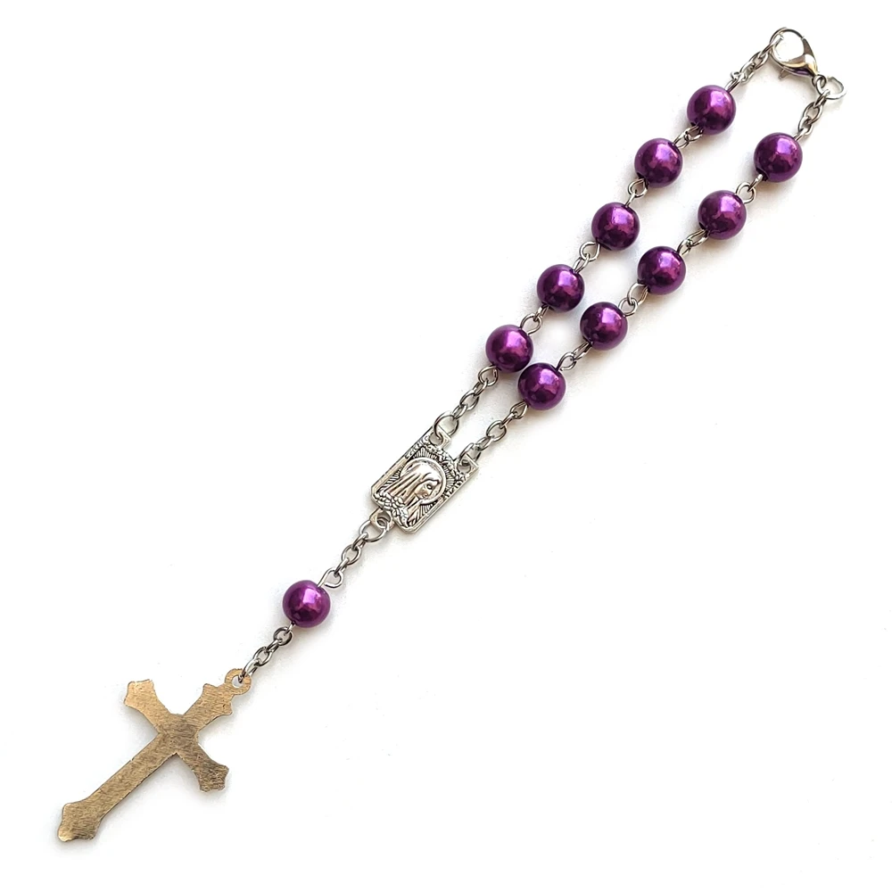 QIGO Purple Plastic Bead Cross Rosary Bracelets Car Pendant Catholic Praying Jewelry Gift