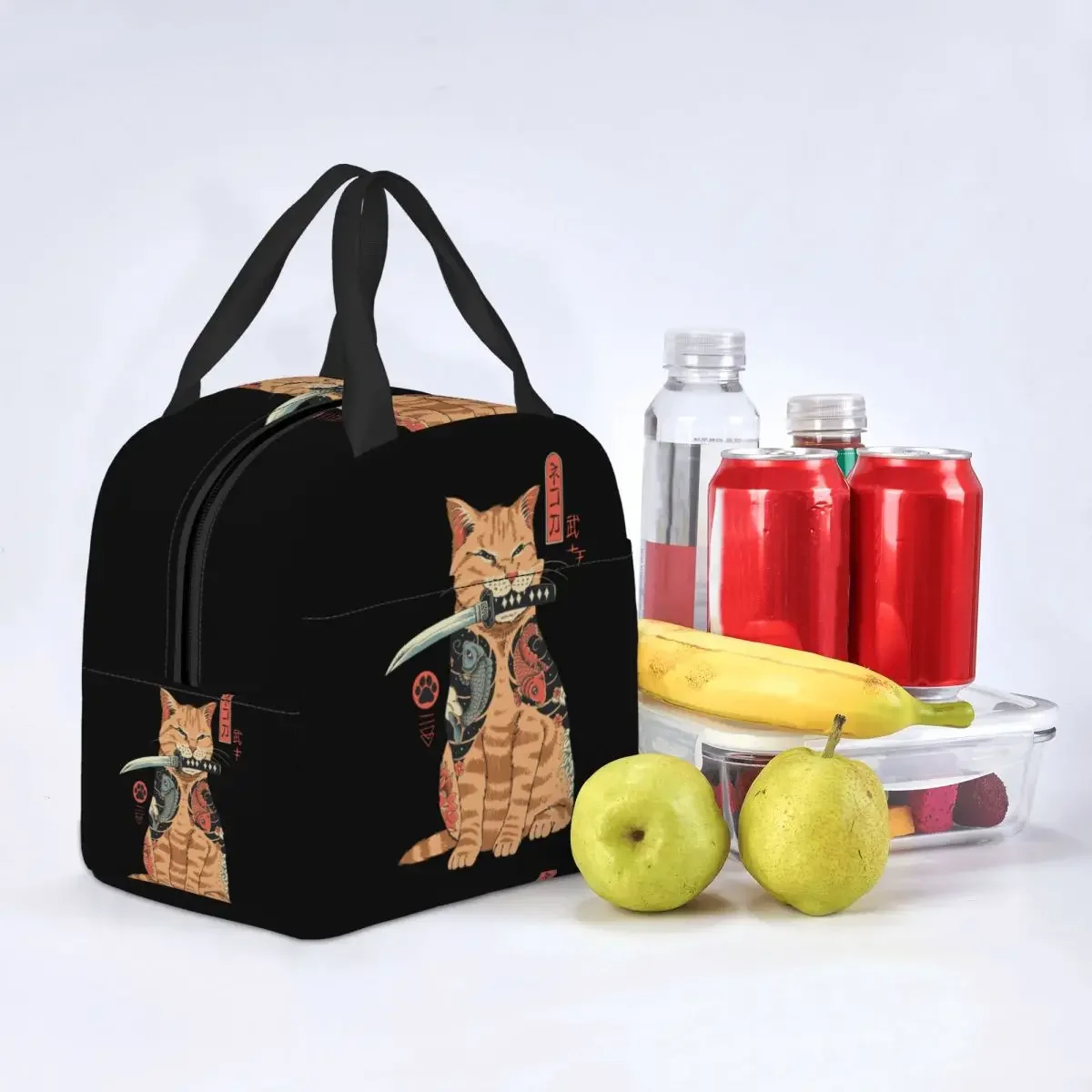 Japanische Samurai Katze Lunch Bag Frauen wieder verwendbare Kühler wärme isolierte Lunchbox für Kinder Schule Essen Picknick Aufbewahrung taschen