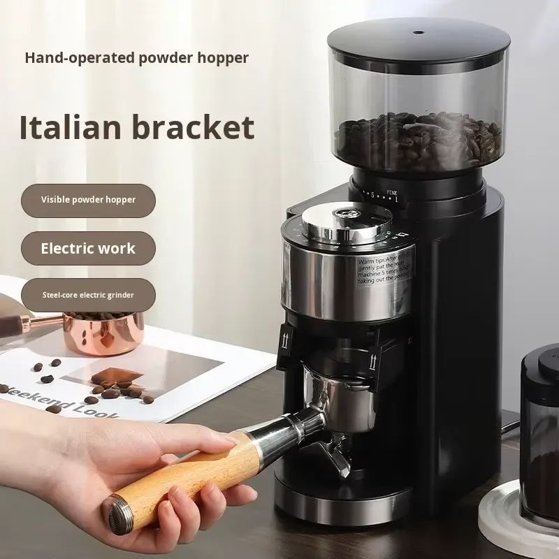 Household electric Italian stainless steel coffee bean grinder with visual hopper