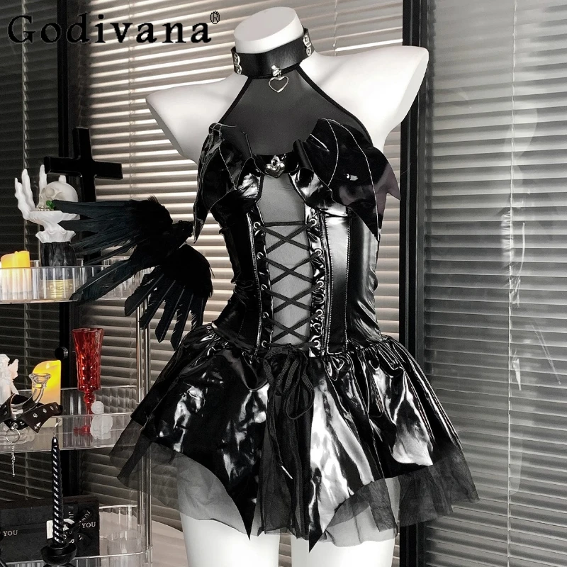 

Sexy Glossy Leather Strap Nightdress Women's Hollow Neck Succubus Perspective Cosplay Dress Female Halloween Party Dress