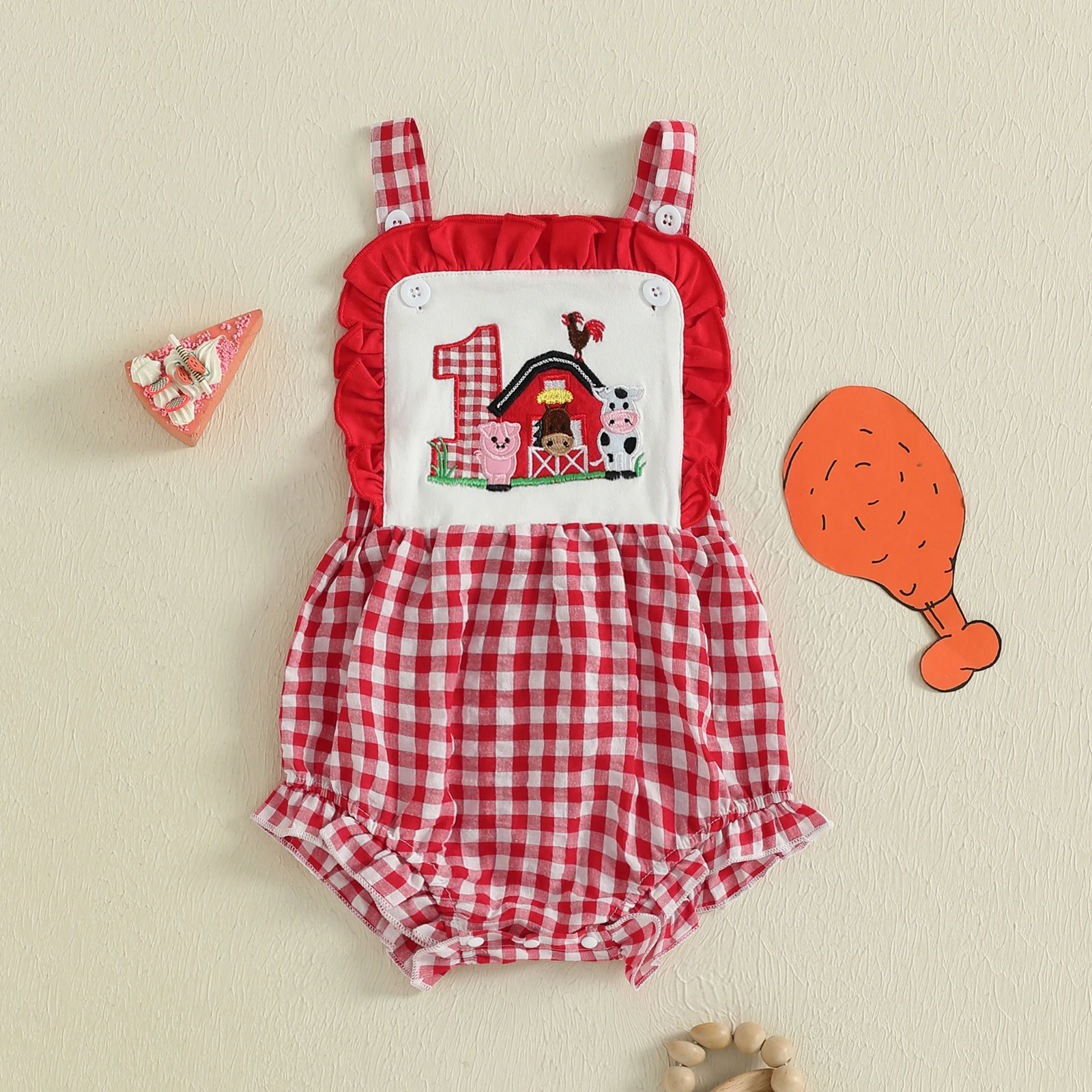 

BeQeuewll Lovely Baby Girl Boy Overalls Summer Newborn Romper Sleeveless Plaid Embroidery Animal Birthday Bodysuit for Infant