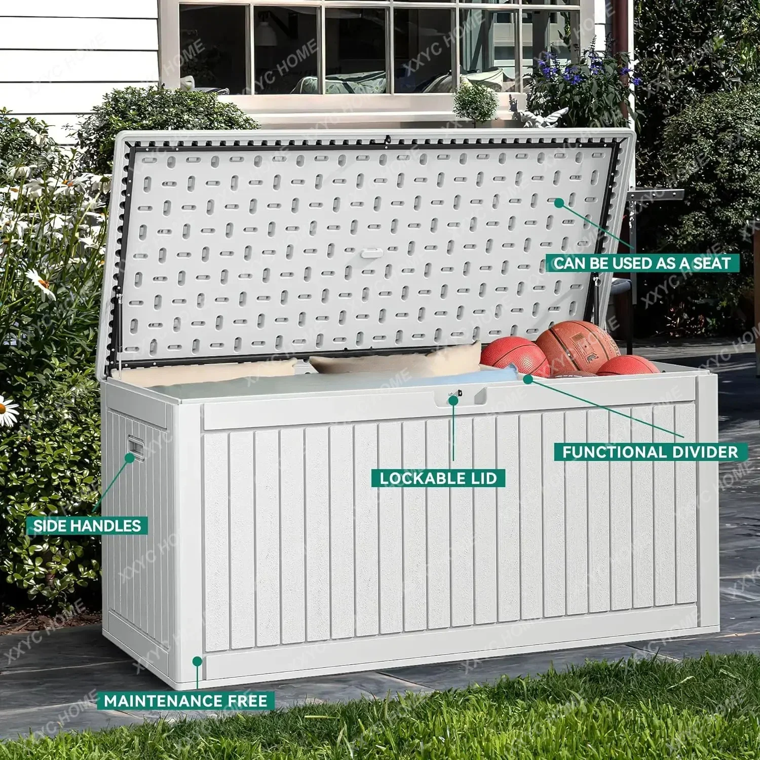 260 Gallon Extra Large Deck Box, Double-Wall Resin Outdoor Storage Box with Flexible Divider for Patio Cushions Pool