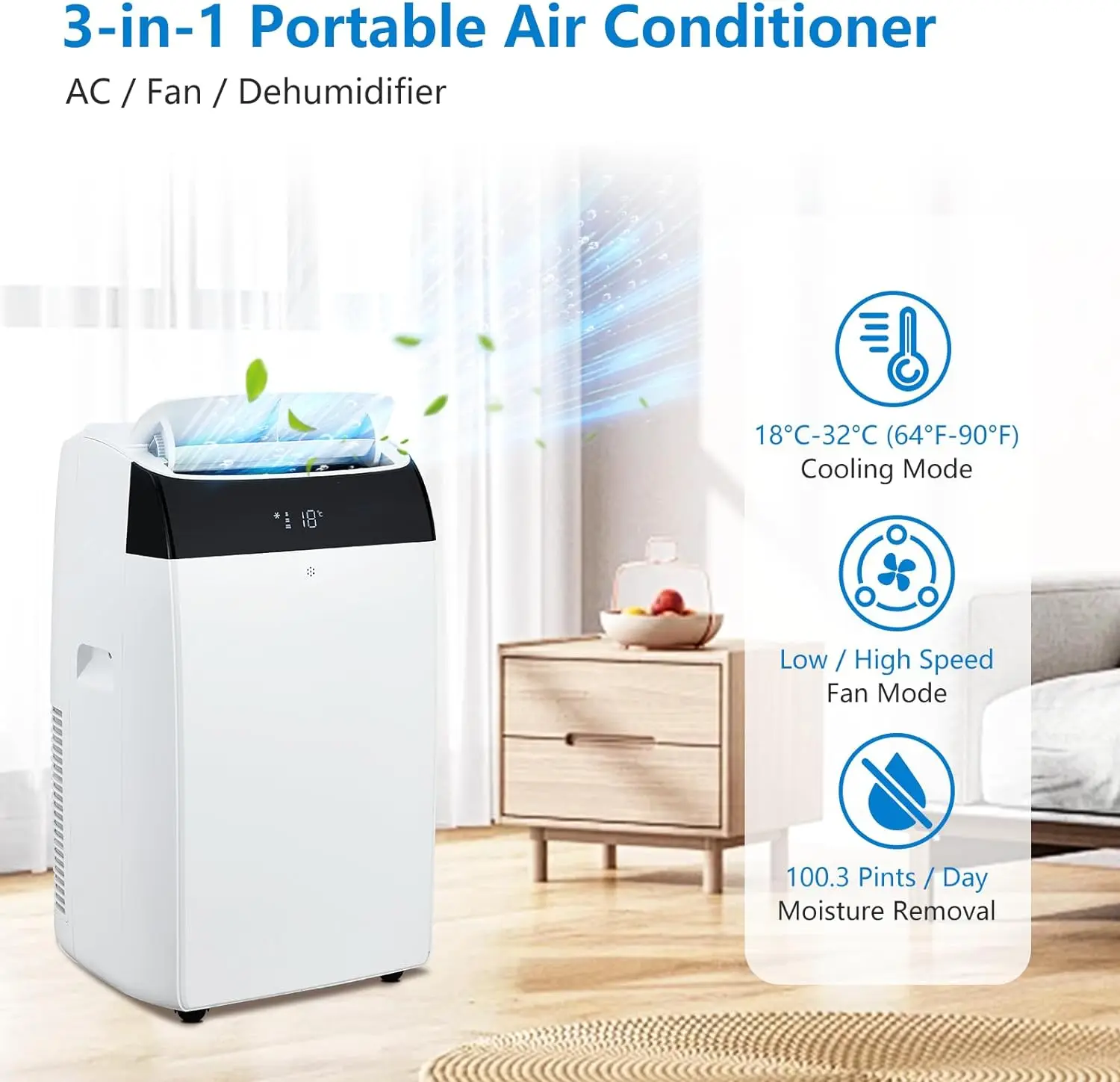 Portable Air Conditioner 3 in 1 with Remote Cool & Dual Motors & Auto Swing, 14000 BTU(ASHRAE)/10200 BTU (SACC),