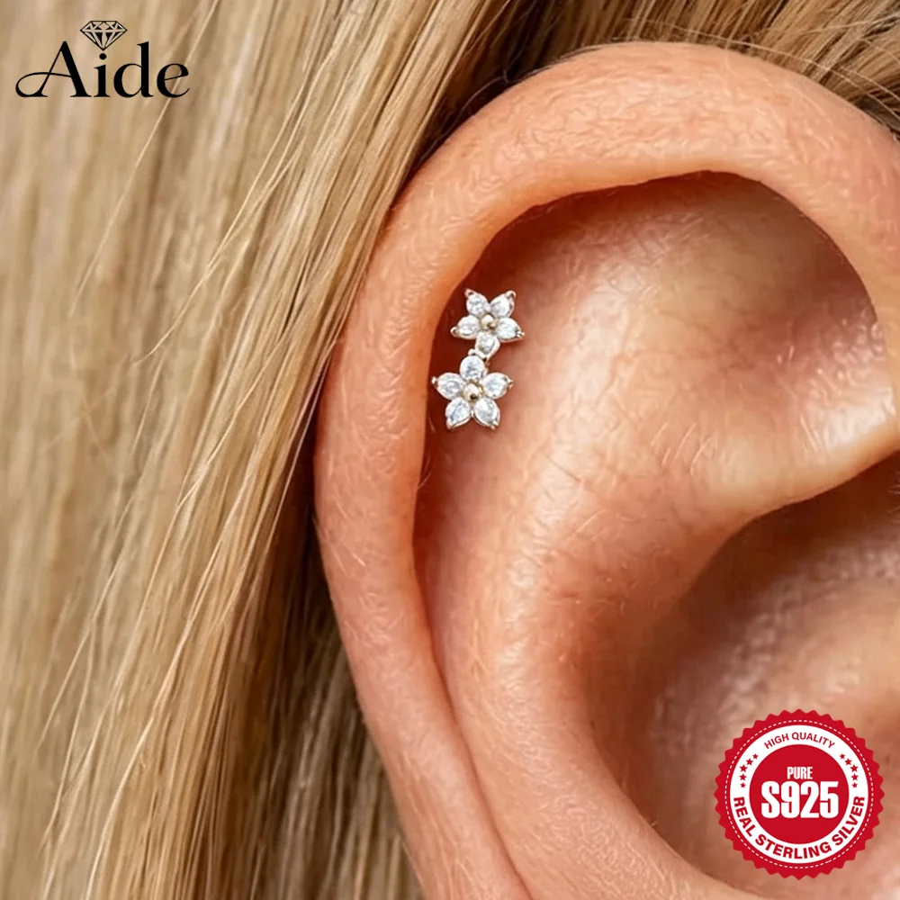 AIDE 925 Sterling Silver Five-petal Flower For Women Flat Back Piercing Earring Cartilage Helix Elegant Comfortable Daily Wear