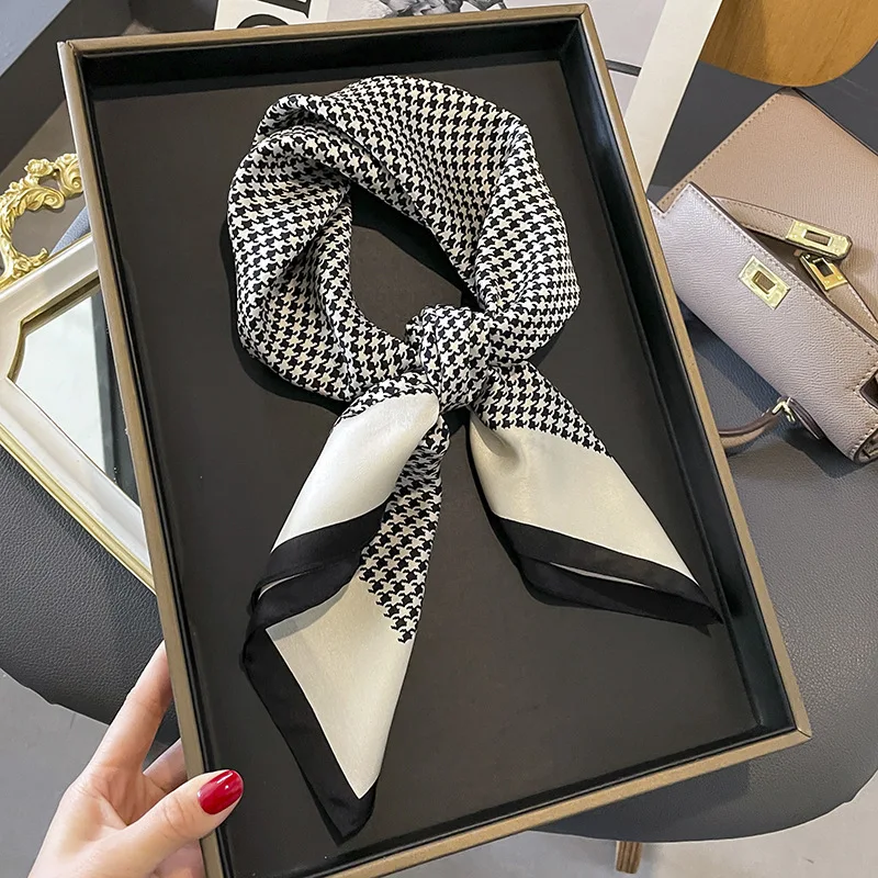 70*70cm Platz Schals Schwarz Weiß Hahnentritt Druck Hijab Frauen Kopftuch Foulard Bandana Weiche Halstuch Weibliche Kopf schals