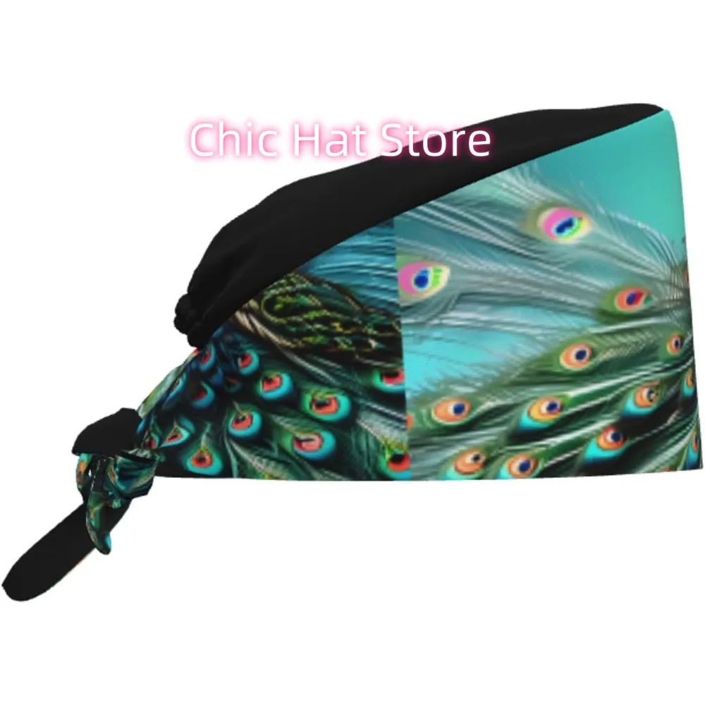 

Breathable Work Hat Peacock Printing for Chef, Nursing, Spa, Facial Care, Fitness Black