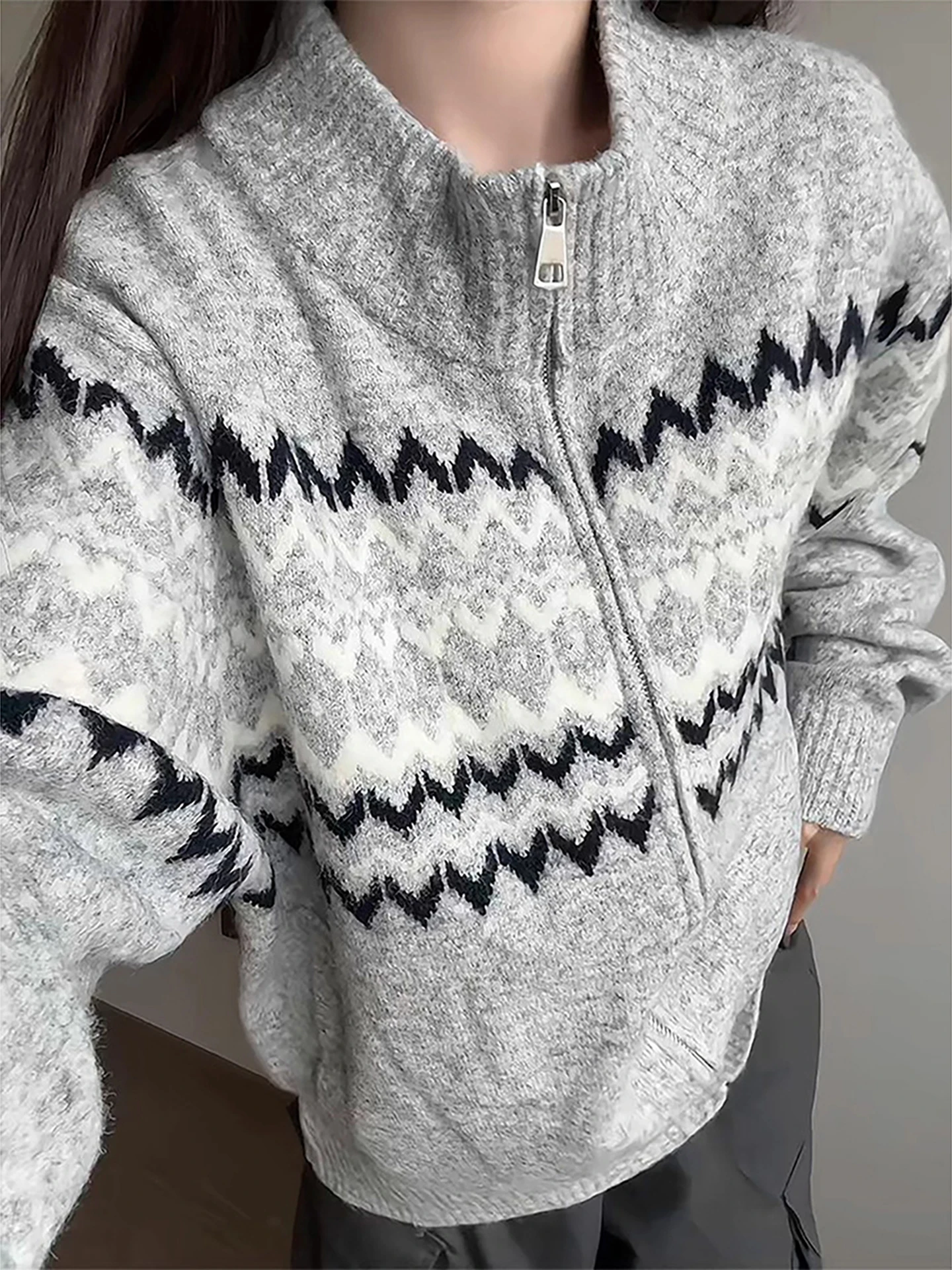 

Мужской вязаный кардиган в стиле Fair Isle, осенне-зимний, корейский, повседневный, с длинными рукавами, на молнии, Zhecan