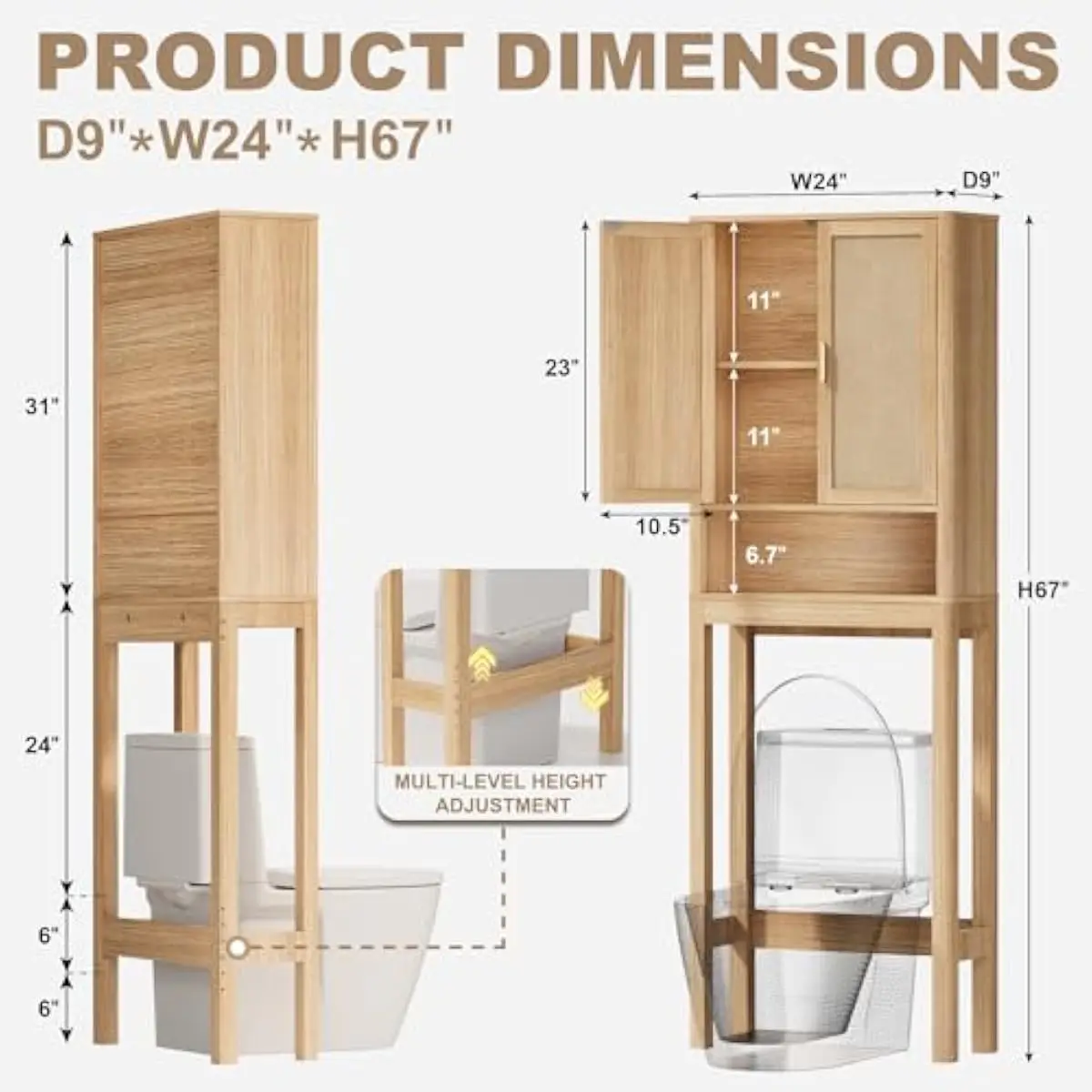 Over Toilet Storage Unit with Woven Rattan Doors and Customizable Interior Shelf | Freestanding Tall Bathroom Organizer for Comp