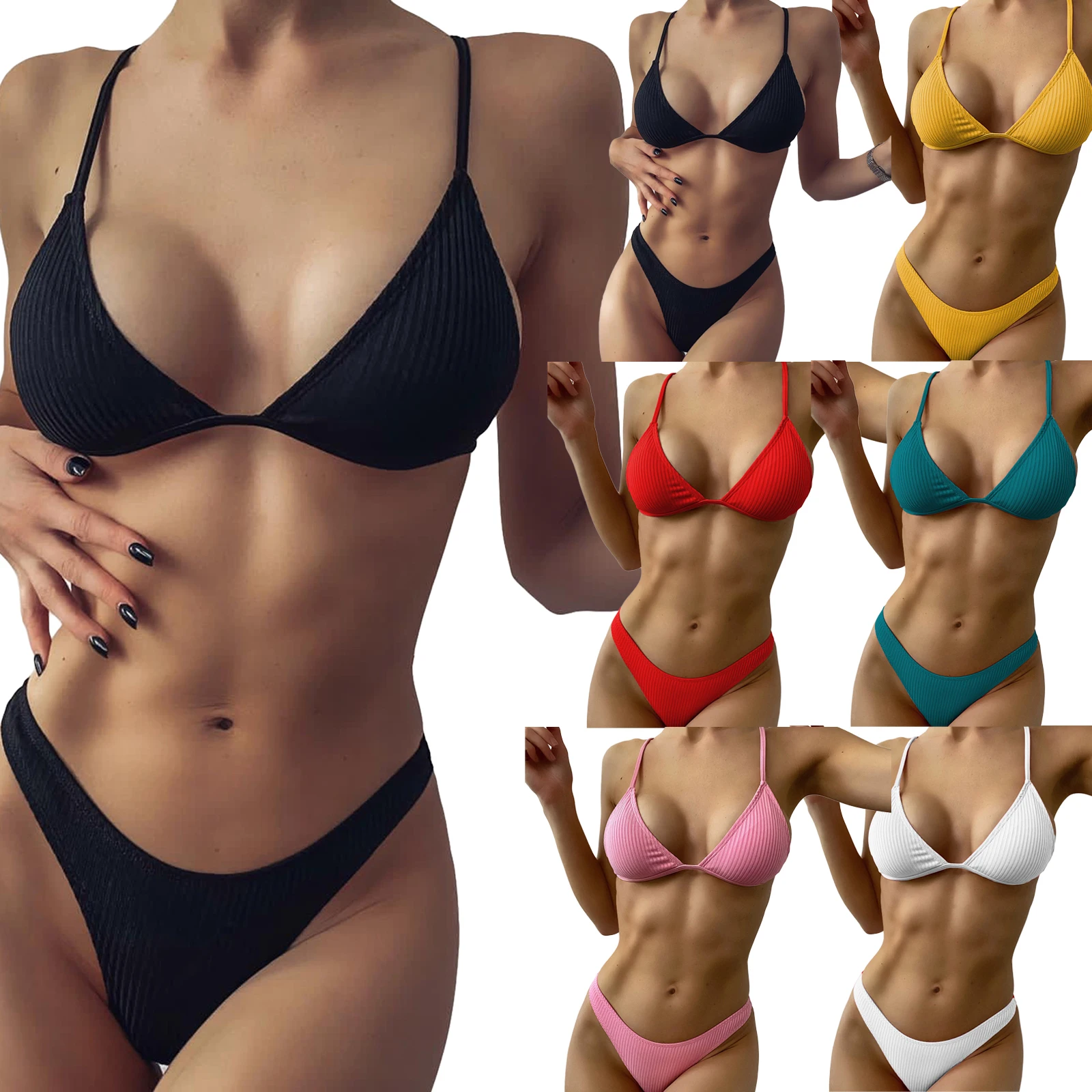 

Girls High Cut Bikini Set Sexy Small Cup Swimwear Women Ribbed Swimsuit Beach Brazilian Biquini Solid Black Micro Thong Bikinis