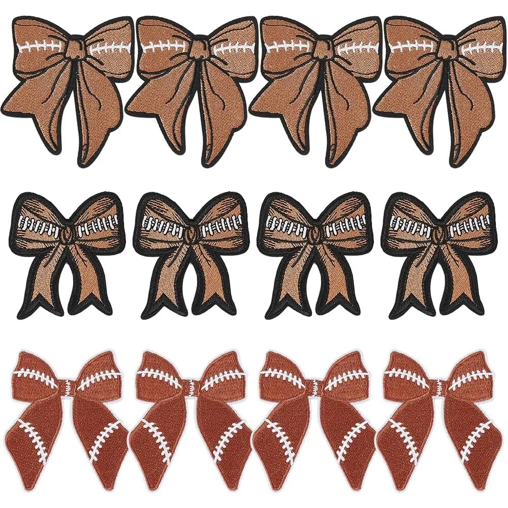 

12Pcs Football Iron on Patches 3 Styles Sew on Sports Emblem Bow Patches Rugby Bowknot Embroidered Appliques for Clothes