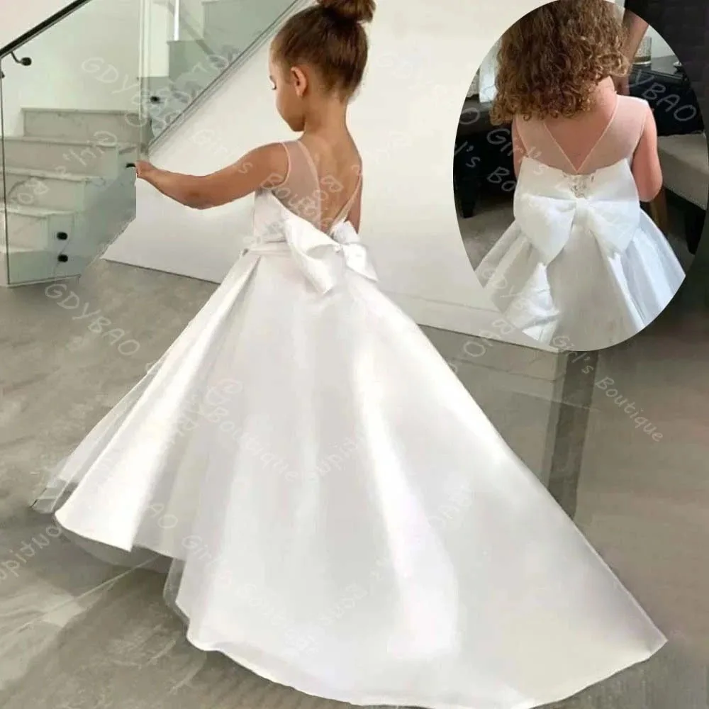 White Flower Girl Dress for Wedding Sheer Neck Open Back First Communion Dress Kids Custom Pageant Party Gown With Bow Sashes