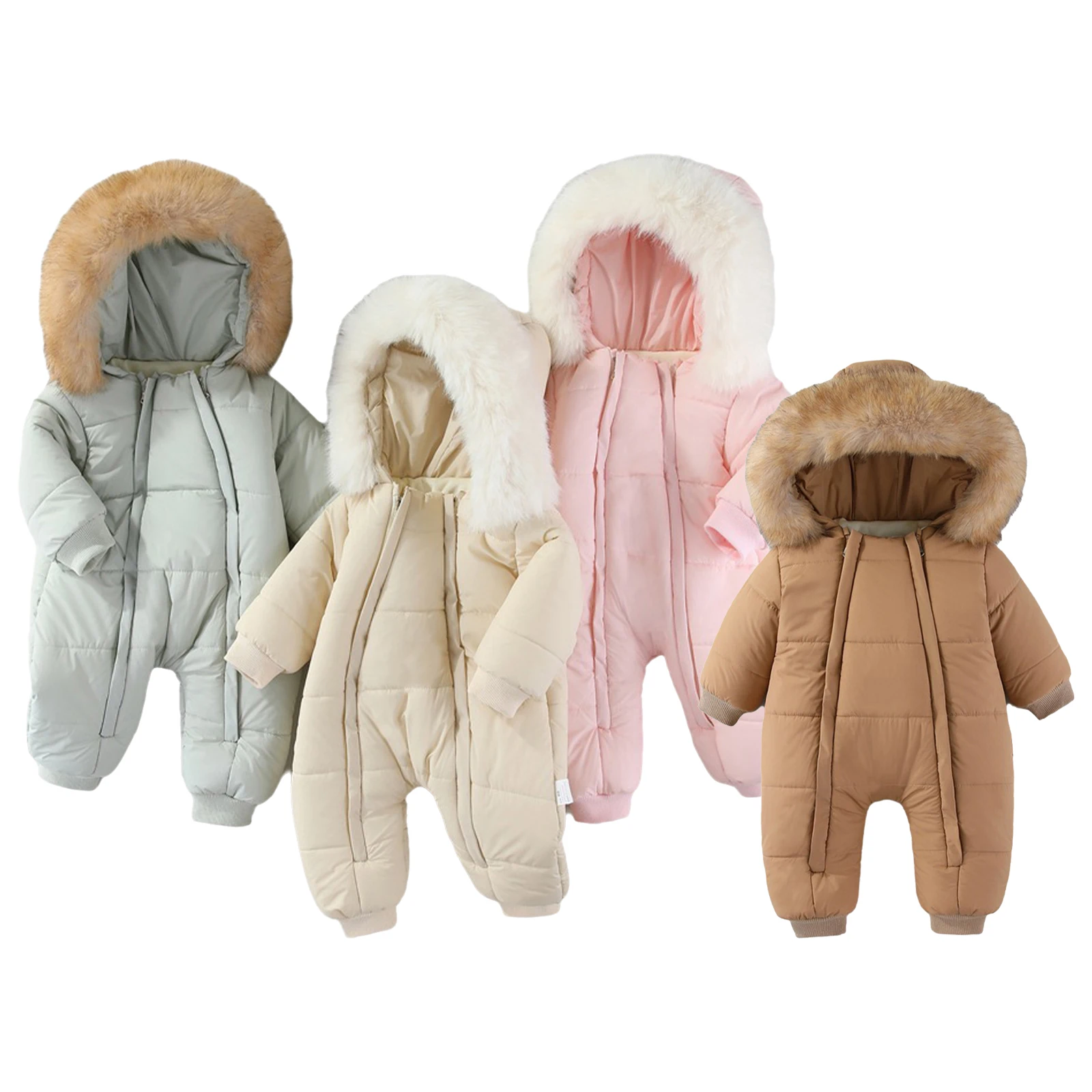 

Зимний зимний комбинезон для малышей, лыжный костюм на флисовой подкладке, куртка с длинными рукавами и отделкой из искусственного меха, комбинезон с капюшоном для девочек и мальчиков, лыжная одежда, комбинезон