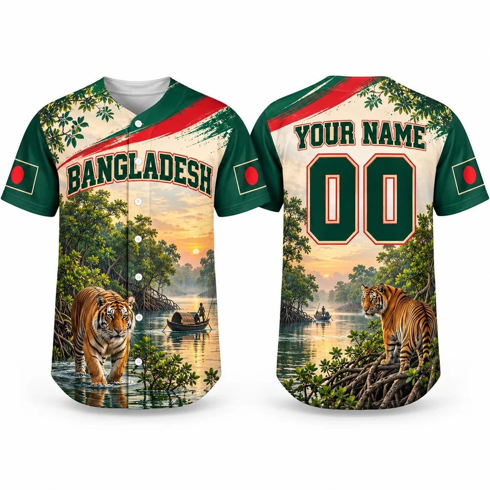 DIY Bangladesh River Boat and Tigers Baseball Jersey Custom Name Number Jerseys Shirt with Green Red Flag and Jamdani Shirts