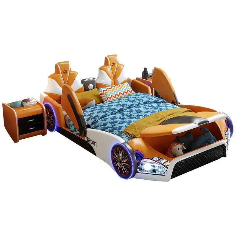 *Modern Kids Racing Car Bed with LED Light Wheels and Scissor Doors Luxury Upholstered Sports Car Bed for Boys Bedroom
