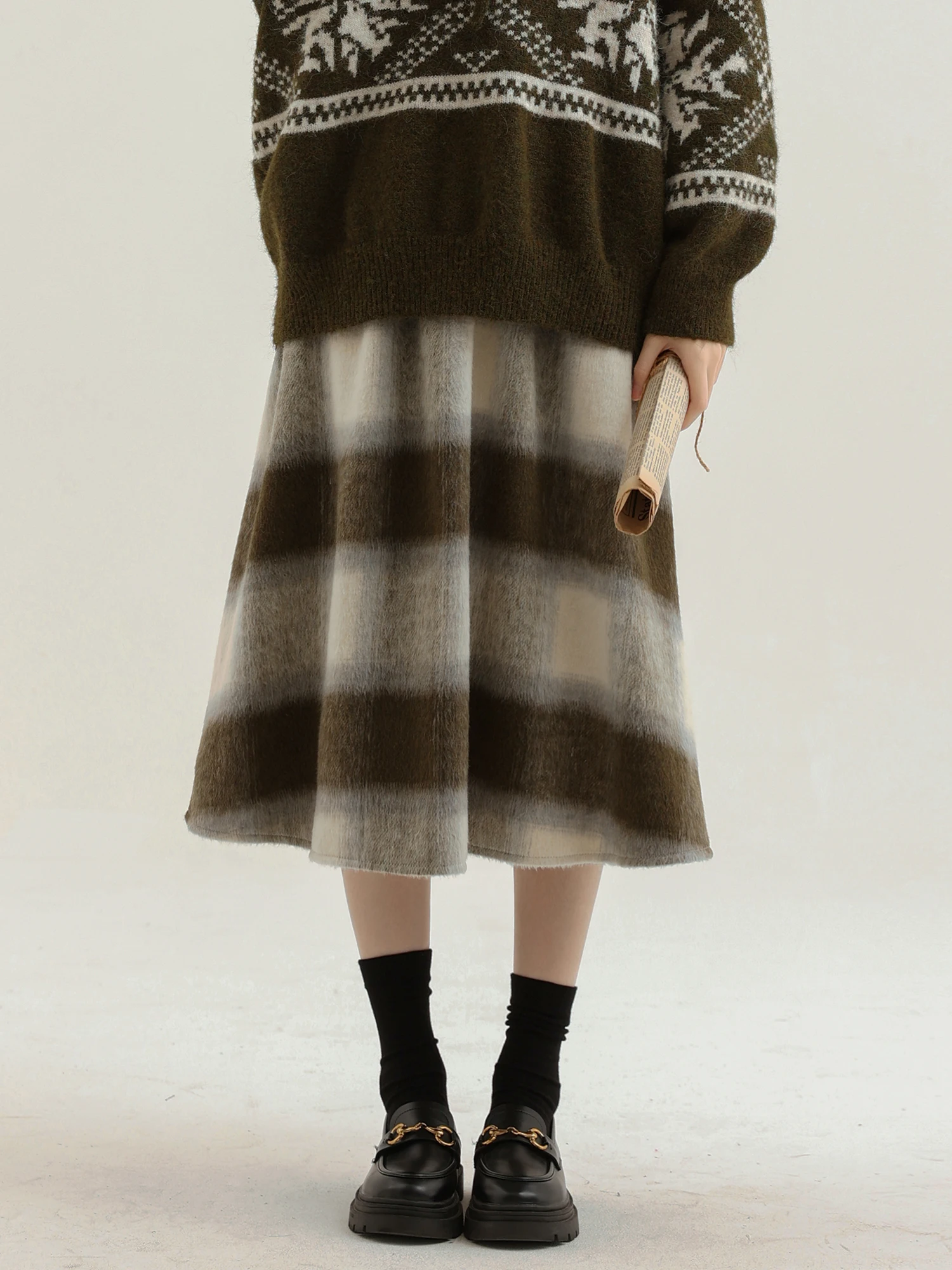 

High Waist Plaid Woolen f Skirt Women's A-Line Skirt Slimming Commuter Sle Retro Polyester Cotton Spandex Blend