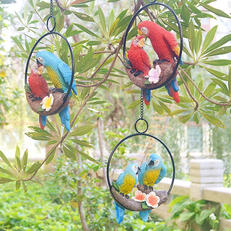 Garden Decoration Statue Mother Child Parrot With Ring Hang On Tree Outdoor Animal Sculpture For Home Office Room Decor Ornament