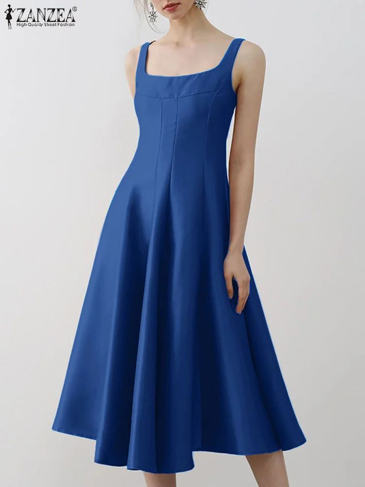 

ZANZEA Fashion Women V-Back A-line Sundress Elegant Square Neck Sleeveless Seamed Robes Femme Summer Satin Party Midi Dresses