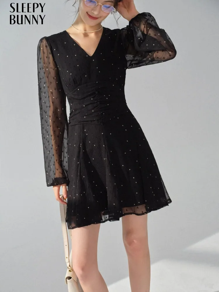 

Vintage Polka Dot Dress V Neck Chiffon Long Sleeve Mini Dress for Women French High Waist Flared A Line Outfit Fall Casual Party