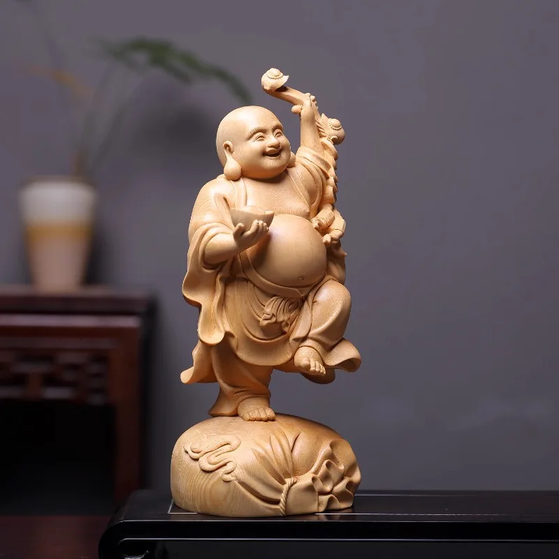 Cypress Wood Laughing Buddha Statue, Maitreya Buddha Figurine for Home Altar Decor, Hand-Carved Arts & Crafts Gift