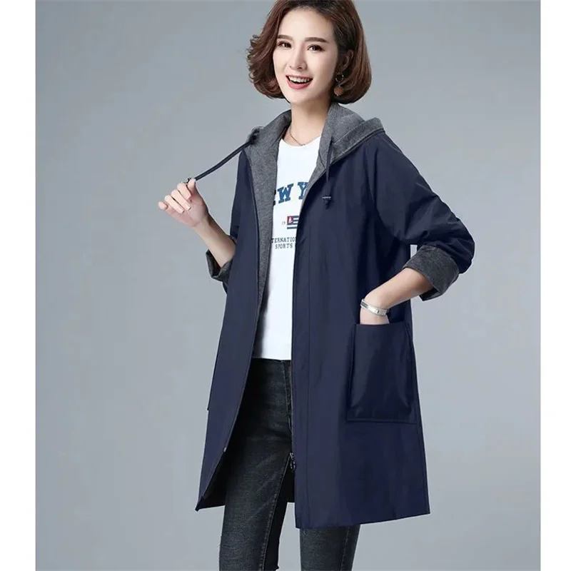 

Хлопковая длинная ветровка женская, большие размеры 2026, весна и осень, новая корейская свободная ветровка с капюшоном и нерегулярным шнурком, женская