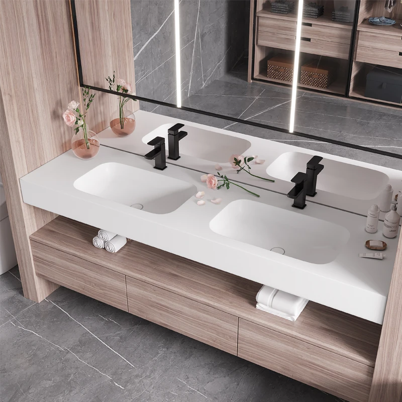 Pink matte Qimei stone basin integrated wall mounted bathroom cabinet, sink, and washbasin