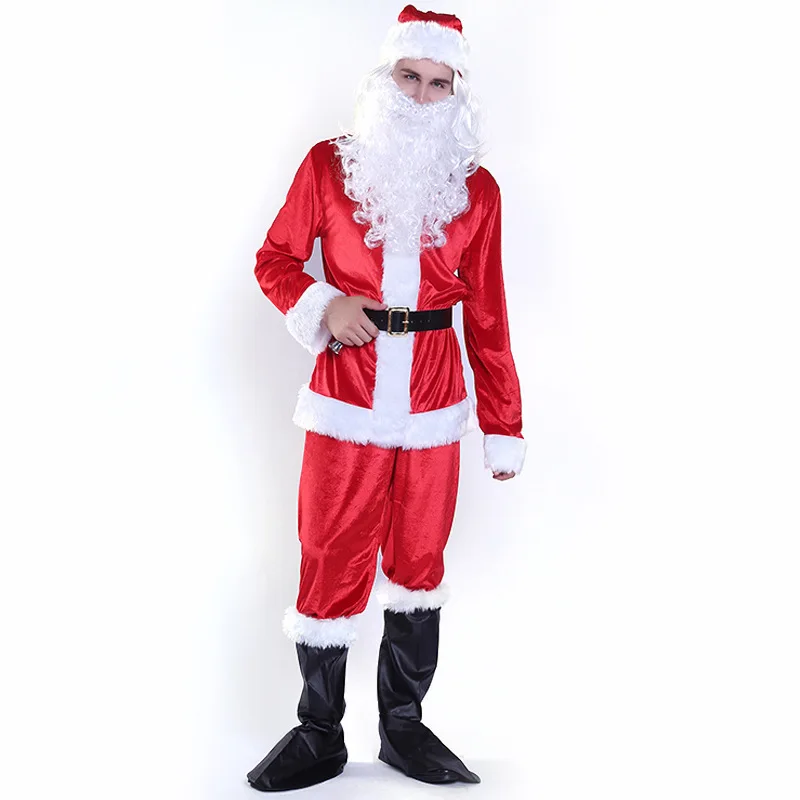 Kerst Santa Claus Kostuum 6 Stuks Oversized Rood Fluweel Xmas Santa Pak Met Hoed Baard Voor Mannen Vakantie Feest Cosplay Fancy Dress