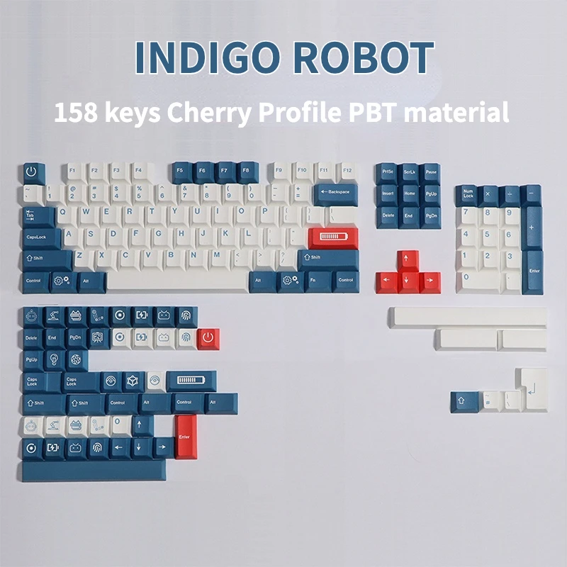 

158 keys INDIGO ROBOT theme keycap PBT sublimation Cherry Profile blue and white minimalist for mechanical keyboard