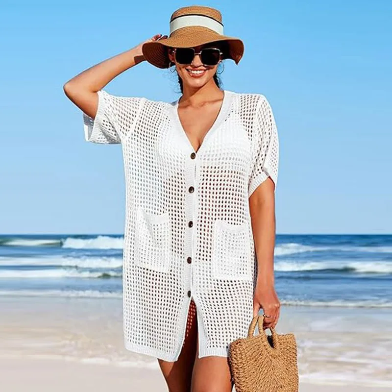 Women Tunic Crochet Beachwear Dress Beach V Neck Short Sleeve Swim Mesh Knit Side Slit