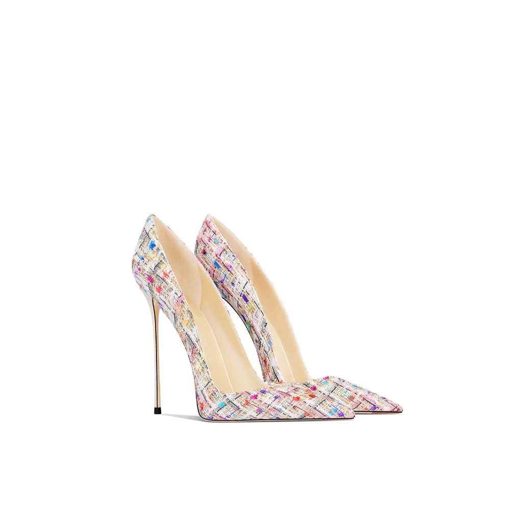 

2025 Fall New Pointed Toe Stiletto Heels Women White Tweed Elegant Sweet High Heel Shoes