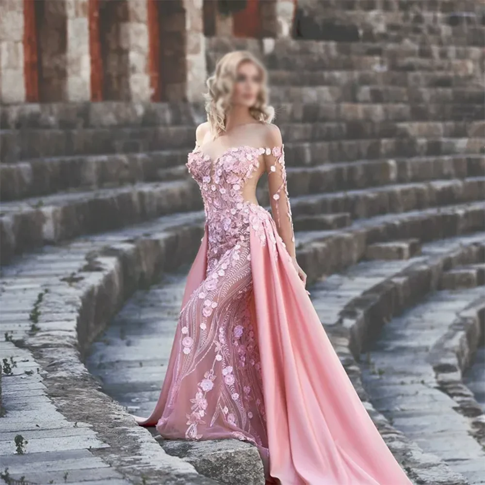 

Appliques Elegant Pink Evening Dresses Birthday Party Prom Gowns Off- Shoulder Lace Backless Evening Prom Dresses Customized