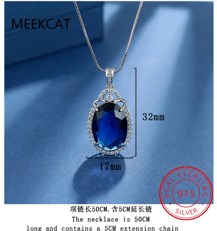 Big Oval Cut Created Blue Sapphire 925 Sterling Silver Pendant Necklace for Women Fine Jewelry Gemstone Choker Colar de Prata