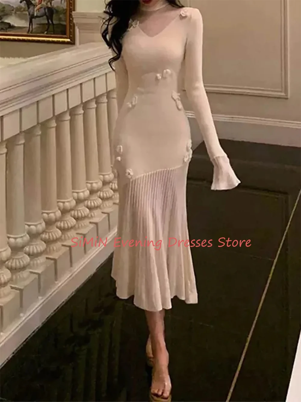 Simin Saudi High-Neck Flower Mermaid Simple Long-Sleeves Ankle-Length Arabia Sexy Evening Birthday Club Outfits Summer 2024