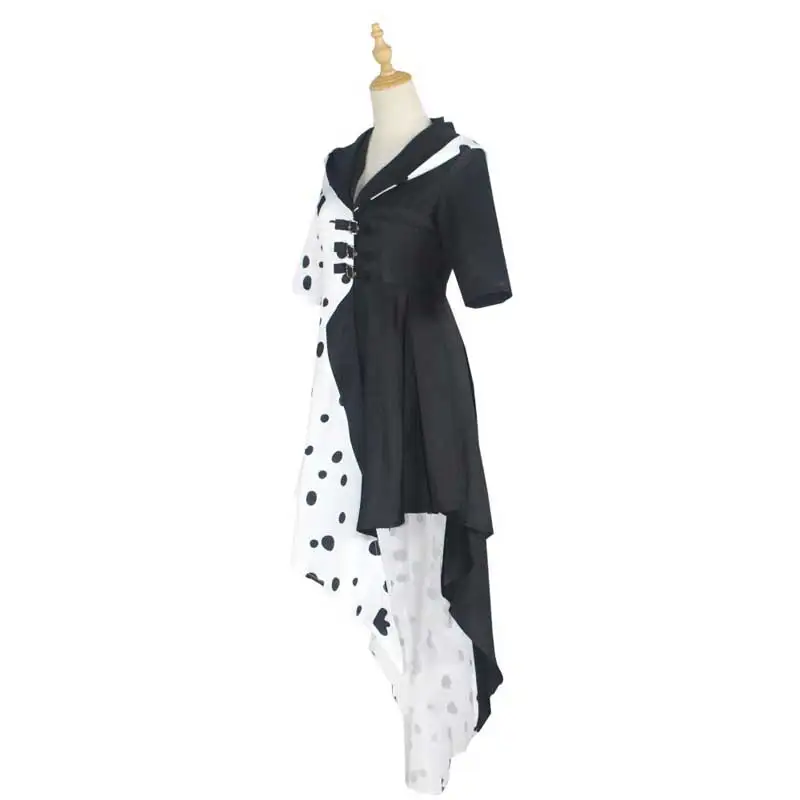 Evil Madame Cruella De Vil Cosplay Costume pour femme, robe de femme de chambre noire et blanche, gants et perruque, fête d\'Halloween, robe de