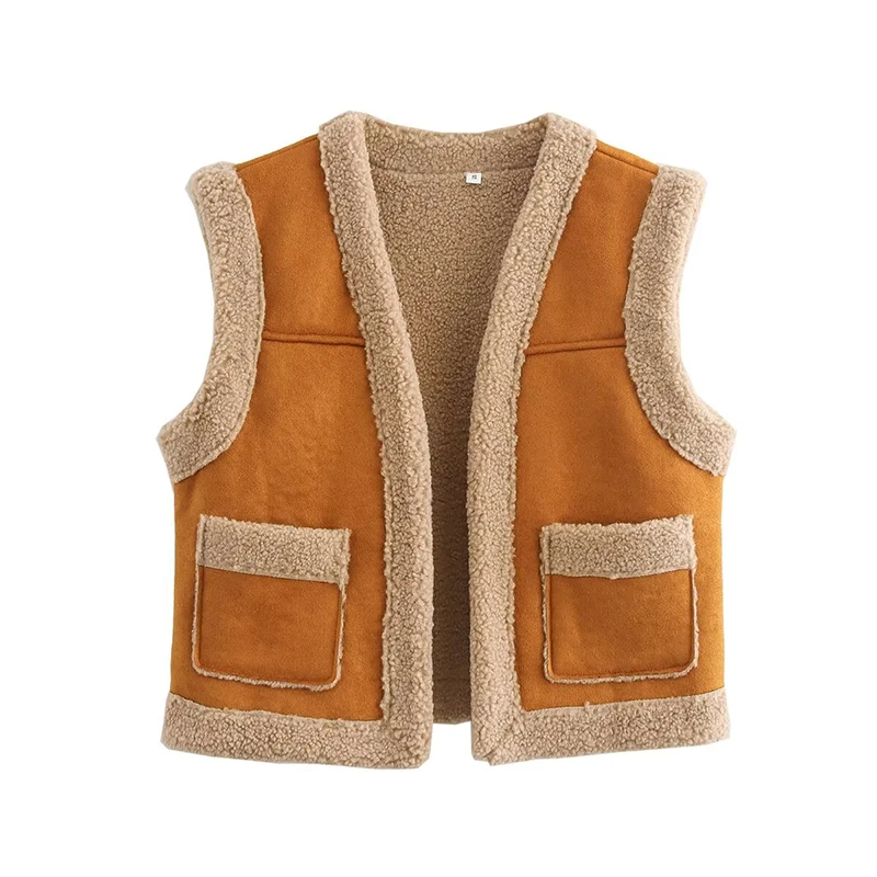 

YENKYE New Women Brown Lambswool Vest Open Stitch With Pockets Sleeveless Waistcoat Female Autumn Winter Crop Outerwear