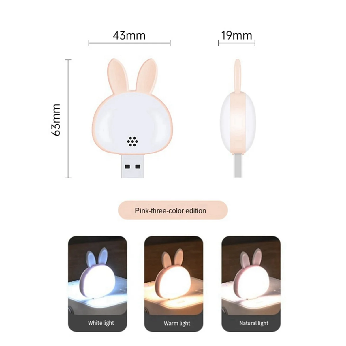 2Pcs USB Reading Lamp,Mini Bunny Night Light, Smart Voice 3 Color Desk Lamp for Bedroom Kids Room Pink + White