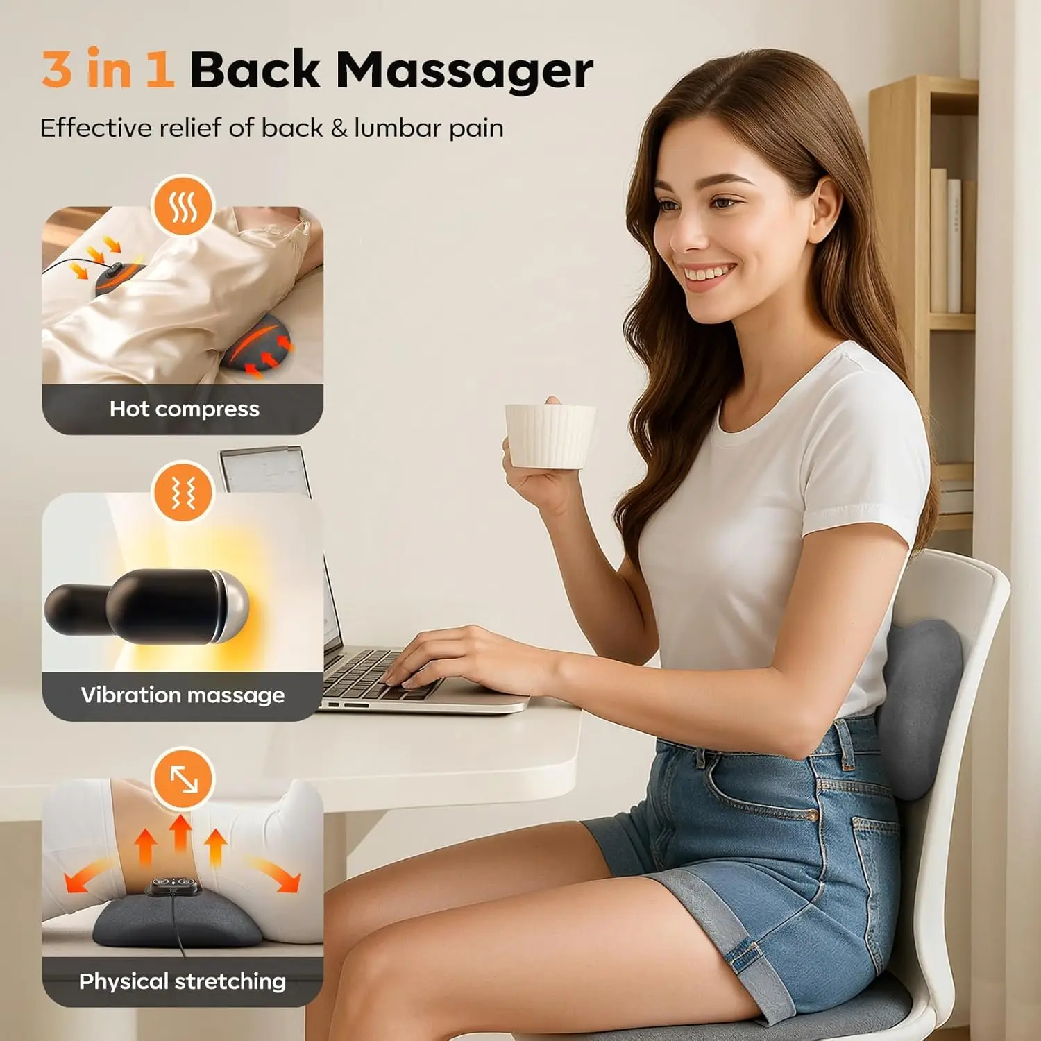 Smooth Triple Fusion 3-in-1 Back Massager Lumbar Pillow with Heat, Vibration & Traction Back Massager for Pain Relief