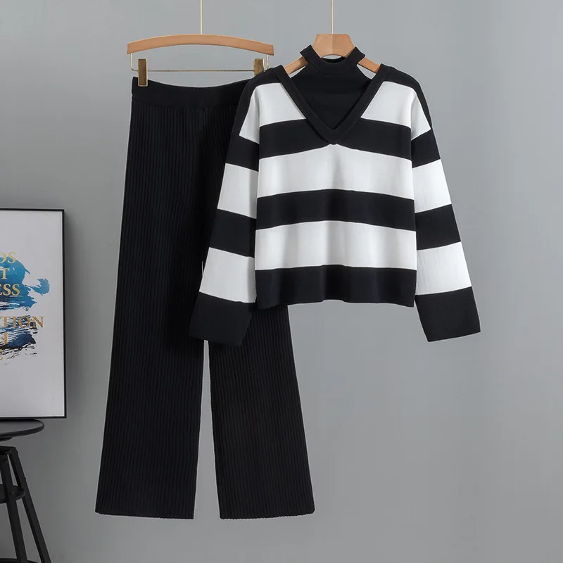 

Осенне-зимний вязаный комплект из 2 предметов, женский вязаный пуловер с круглым вырезом в полоску и длинными рукавами, винтажные спортивные штаны с высокой талией, новый B627