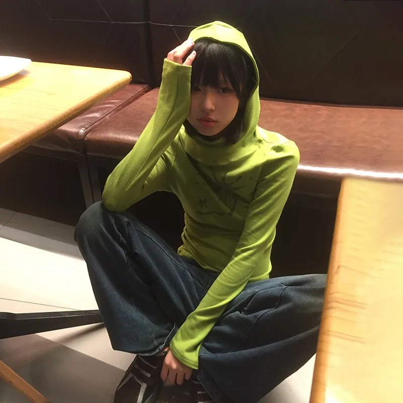 Karrram Japanese Y2k Hooded T-shirt Grunge Aesthetics Green Long Sleeve Tee Shirt Vintage Harajuku Hooded Tops 2000s Streetwear