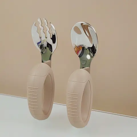 짧은 손잡이 잡기 쉬운 교육용 포크 스푼, 어금니 유물 배우기, 실리콘 아기 스테인리스 스틸 포크 스푼