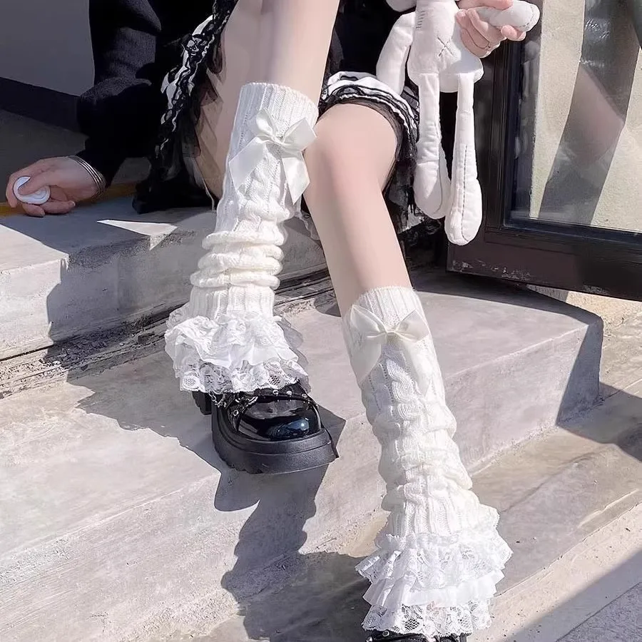 Lolita Slouchy Leg Warmers for Women Ruffled Lace Kawaii Calf Leg Covers Jk Uniform Bowknot Knit Boot Cuffs Sweet Girls Gothic