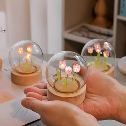 Luz de noche de flor de tulipán con cubierta de vidrio, luz de mesita de noche LED artesanal hecha a mano, lámpara de mesa de escritorio, decoración de dormitorio, luz de humor USB