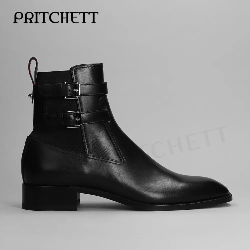 

Black Leather Horse Print Flat Ankle Boots Fashion Pull-On Black Belt Buckle Boots Large Size Personality Casual Business Boots