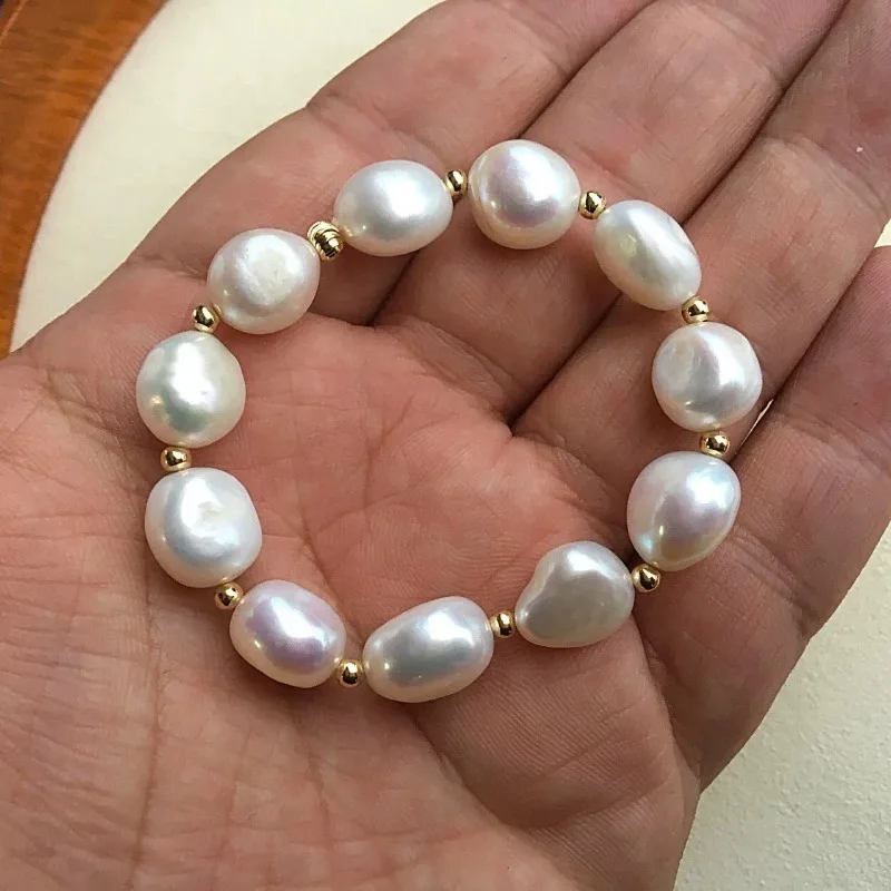 

Minar Classic 9-10mm Baroque Freshwater Pearl Beads Beaded Elastic Strand Bracelets for Women Lady 14K Real Gold Plated Copper