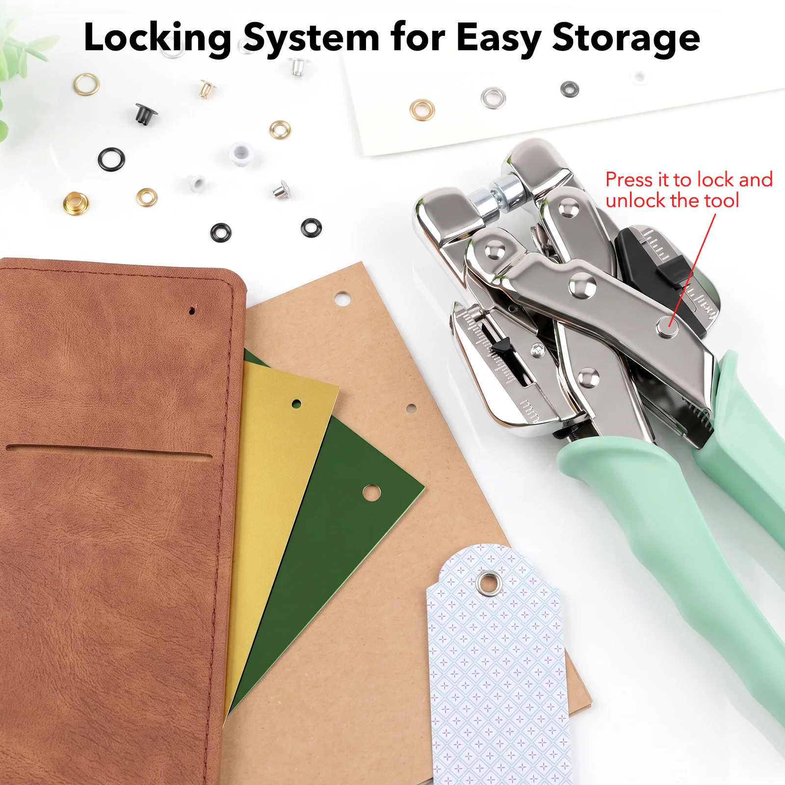 Handheld Hole Punch & Eyelet Setter Tool Kit, 3/5mm Replaceable Punch Heads with Metal Eyelets, Portable Grommet Plier