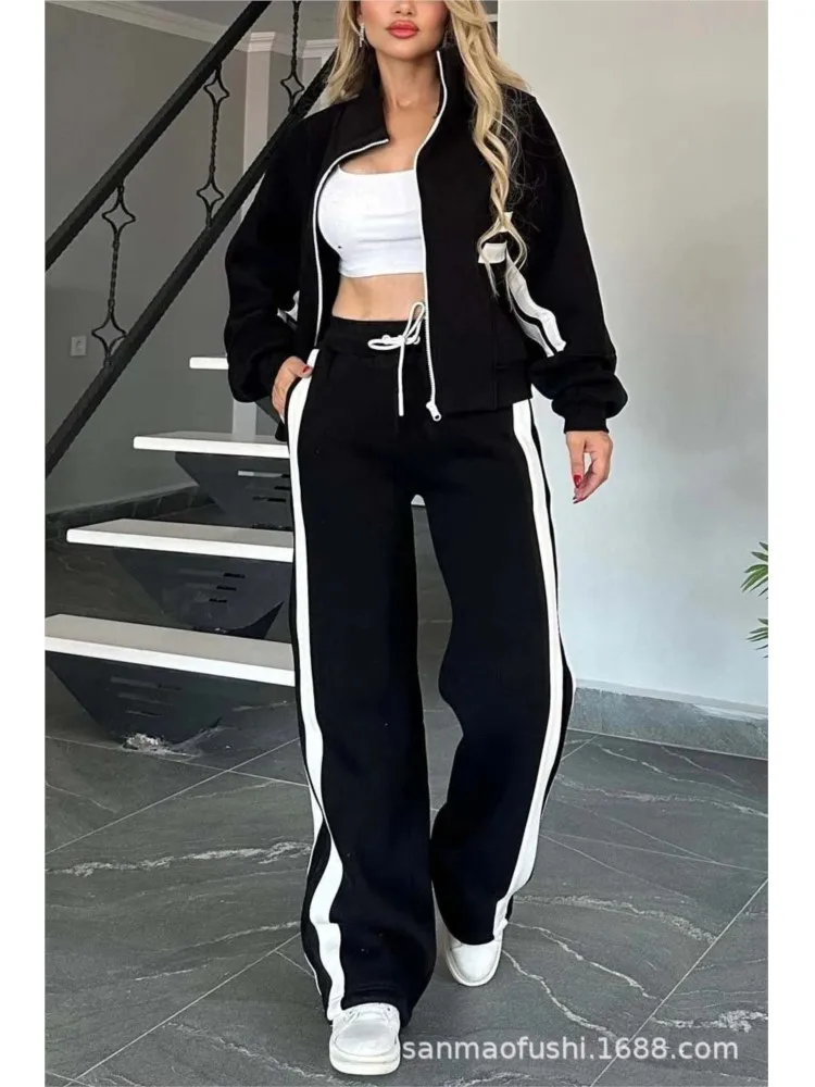 Y2K Striped Zipper Coat+sweatpants Two Piece Set Women Casual Batwing Sleeve Sports Jacket Outfits Autumn Winter Sweatshirt Suit