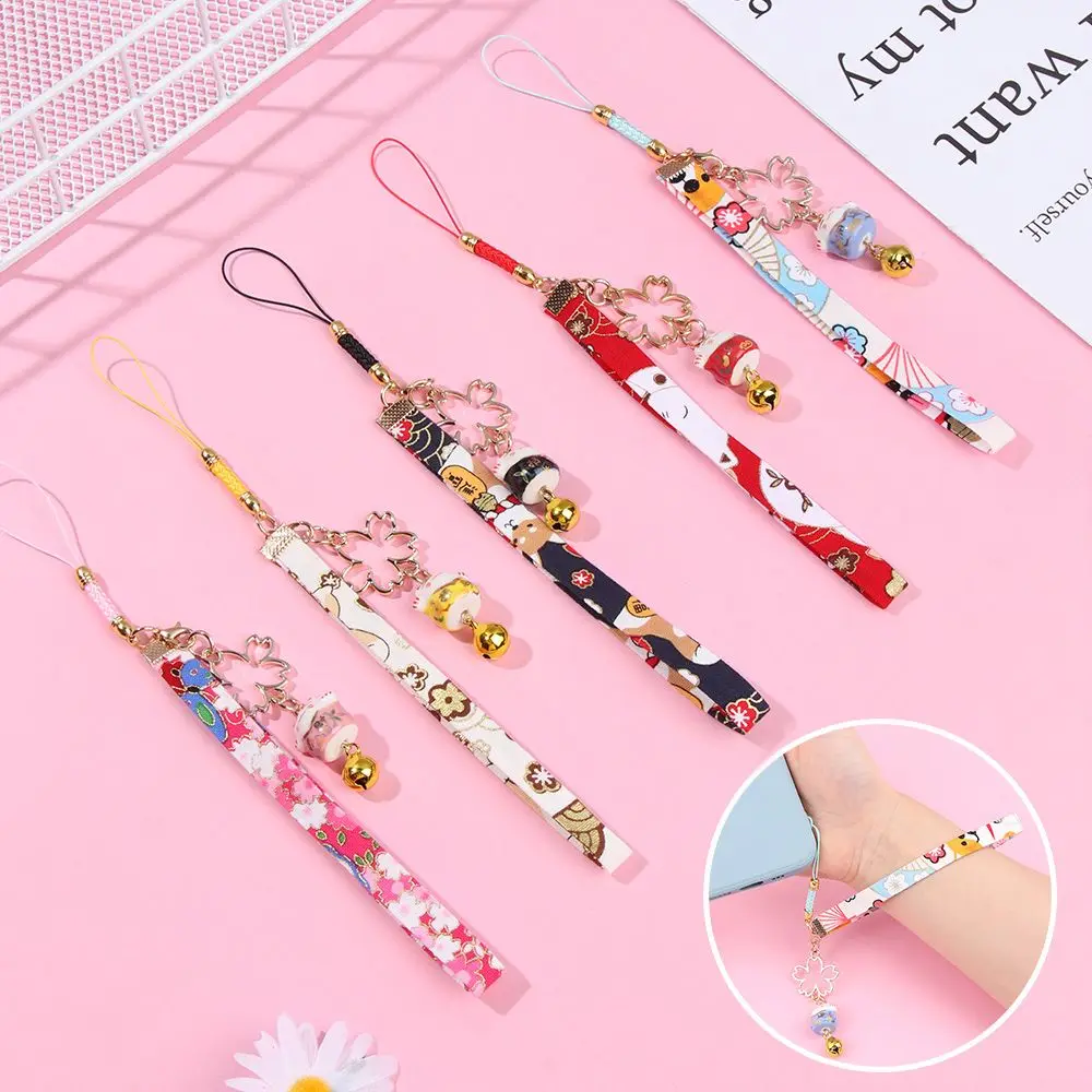 Phone Strap Lanyard Hang Rope Lucky Cat Bell Sakura Phone Lanyard Keychain Wrist Rope Anti-lost Lanyard Phone Strap Lanyard