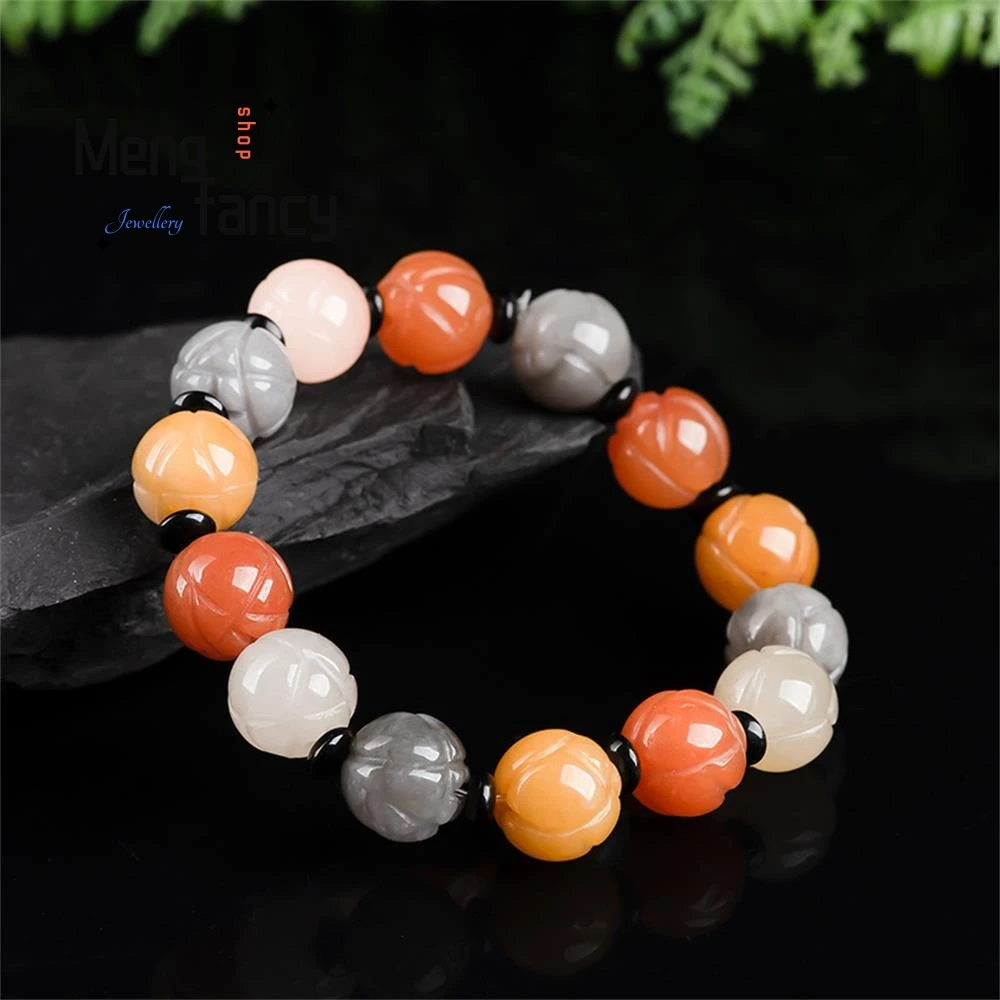 Natural Golden Silk Jade Lotus Flower String Vintage Personalized Bracelet Exquisite Couple Fashion Jewelry Holiday Gift Mascots